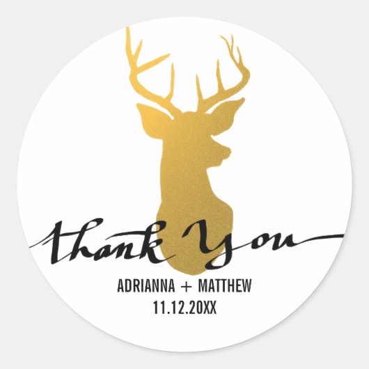 Sticker Rond Gold Deer / Antler Mariage Merci Typographie (Devant)