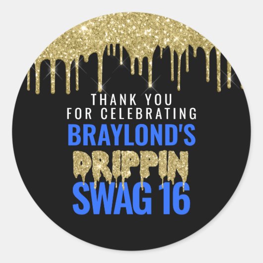Sticker Rond Gold et Blue Drippin Swag 16 Anniversaire (Devant)