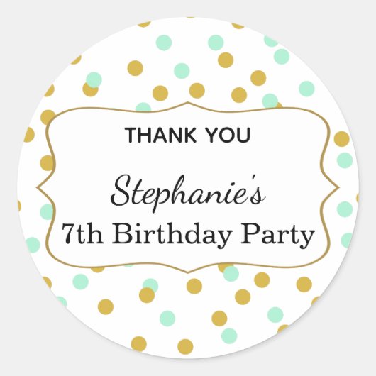 Sticker Rond Gold et Mint Green Confetti fête d'anniversaire (Devant)
