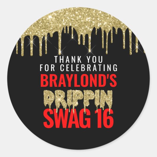 Sticker Rond Gold et Red Drippin Swag 16 Anniversaire (Devant)
