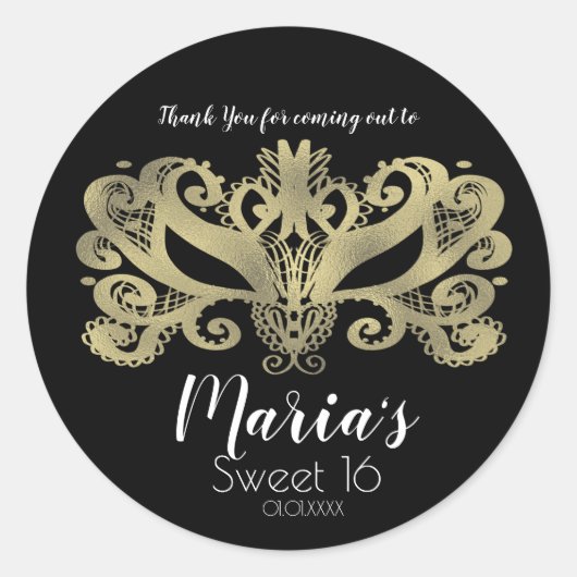 Sticker Rond Gold Faux Foil Masquerade Masque Fête Favoriser (Devant)