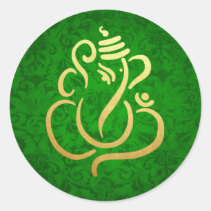 Sticker Rond Gold Festive Ganesh Indian God Damask Green