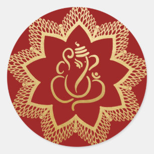 Sticker Rond Gold Festive Ganesh Indian God Red Classic Round