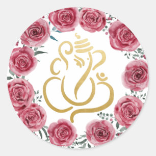 Sticker Rond Gold Festive Ganesh  Indian God Red Roses Wreath