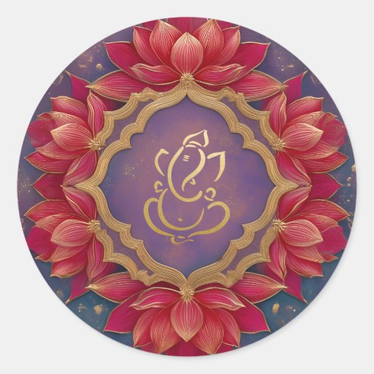 Sticker Rond Gold Festive Ganesh | Indien Dieu violet Lotus ros (Devant)