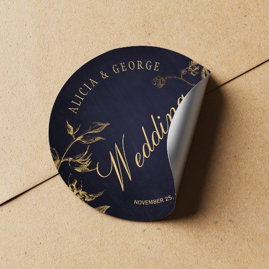 Sticker Rond Gold feuillage bleu marine chic mariage calligraph