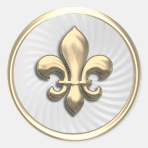 Sticker Rond Gold Fleur de Lis sur Arrière - plan Twirl Blanc