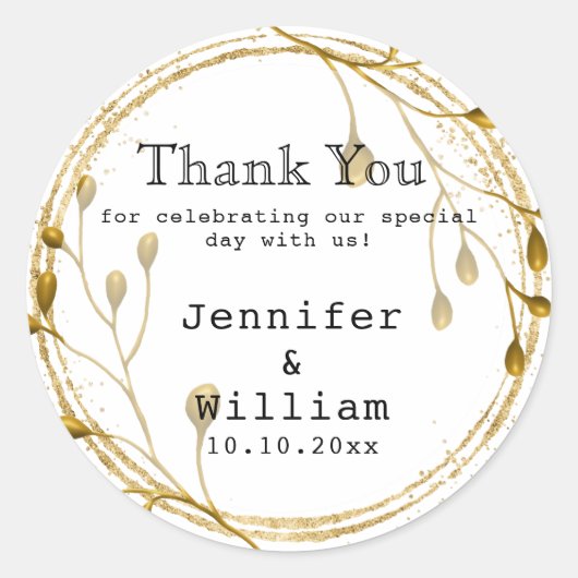 Sticker Rond Gold Floral Eucalyptus Merci Mariage (Devant)