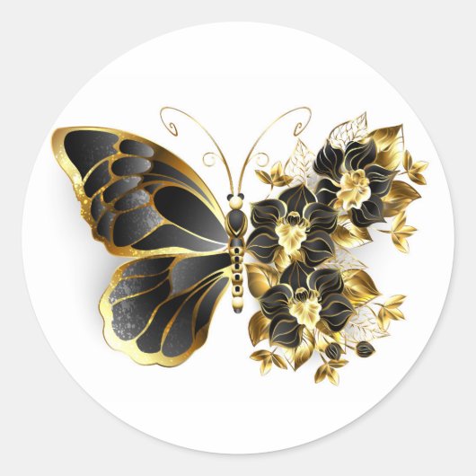 Sticker Rond Gold flower Butterfly with Black Orchid (Devant)