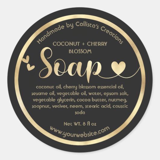 Sticker Rond Gold Foil Coeurs noirs Bordure Soap artisanal (Devant)