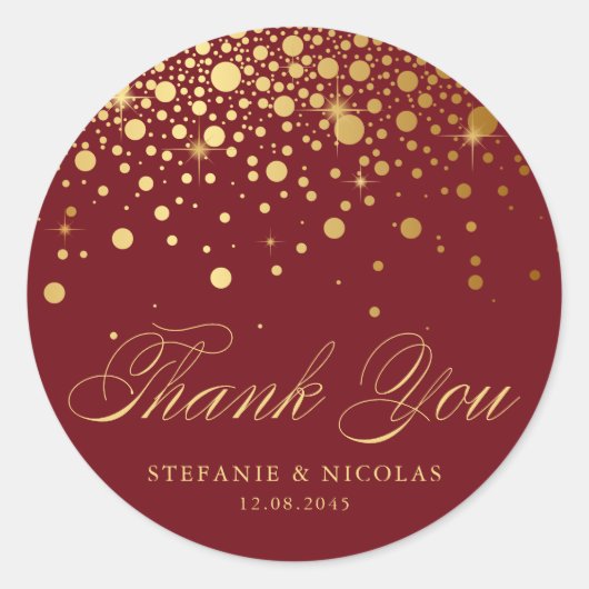 Sticker Rond Gold Foil Confetti Bourgogne Merci Mariage (Devant)