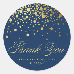 Sticker Rond Gold Foil Confetti Marine Mariage bleu Merci