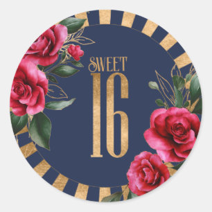 Sticker Rond Gold Foil Stripes Floral Sweet sixteen Navy ID757