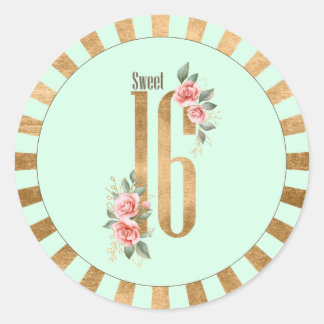 Sticker Rond Gold Foil Stripes Sweet sixteen Mint Green ID756