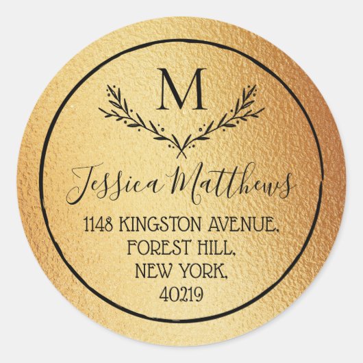 Sticker Rond Gold Foil & Wreath Custom Monogram Adresse de reto (Devant)