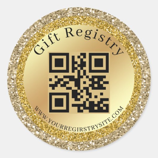 Sticker Rond Gold Glitter Baby Shower Registry QR Code Modern (Devant)