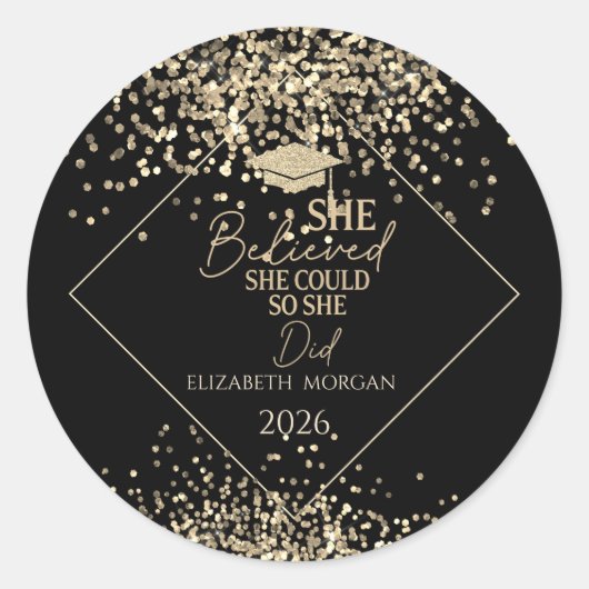 Sticker Rond Gold Glitter Grad Cap,Confetti She Believed (Devant)