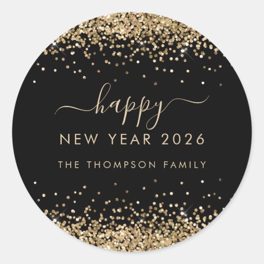 Sticker Rond Gold Glitter Name Black Happy New Year 2026 (Devant)