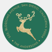 Sticker Rond Gold Glitter Reindeer Green Return Address Holiday (Devant)