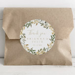 Sticker Rond Gold Green Automne Merci Mariage Faveur<br><div class="desc">Cet automne verdoyant or merci mariage faveur classique collant rond est parfait pour un mariage moderne. Le design présente un charmant feuillage artistique vert et or. Faites de l'autocollant votre propre étiquette en incluant vos noms, l'événement (s'il y a lieu) et la date. Ces autocollants peuvent compléter une réception de...</div>