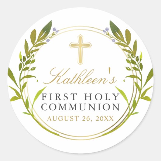 Sticker Rond Gold Green Wreath Première Communion sainte (Devant)