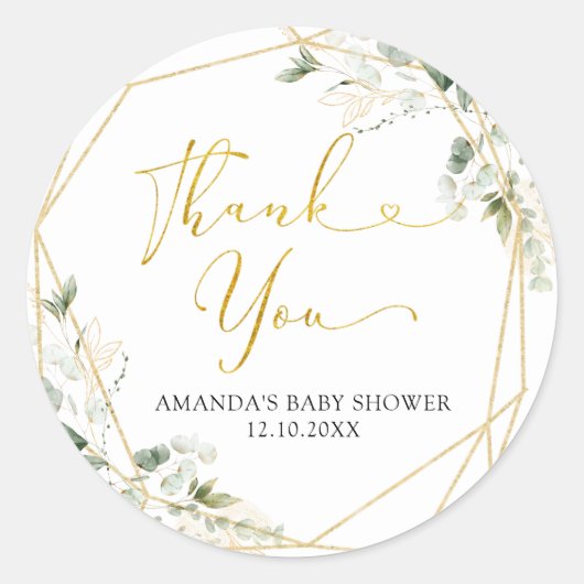 Sticker Rond Gold Greenery Geometry Baby in Bloom Merci (Devant)