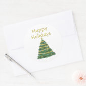 Sticker Rond Gold Happy Holidays and Christmas Tree (Enveloppe)