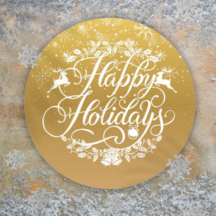 Sticker Rond Gold Happy Holidays Snowflakes Noël