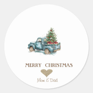 Sticker Rond Gold Heart, Blue Truck Pine Trees Noël Classique