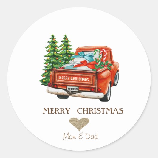 Sticker Rond Gold Heart, Red Truck Pine Trees Noël (Devant)