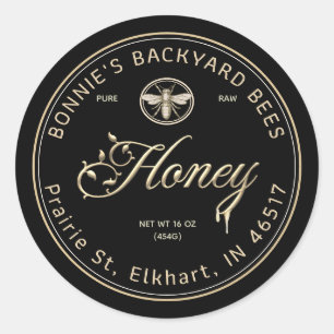 Sticker Rond Gold Honey Script Police florale Abeille héraldiqu