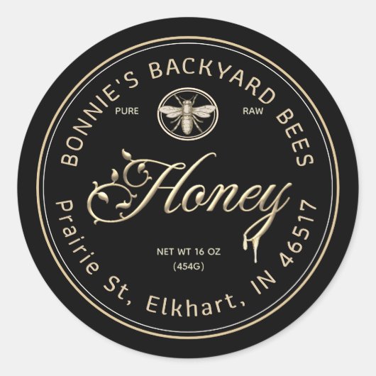 Sticker Rond Gold Honey Script Police florale Abeille héraldiqu (Devant)