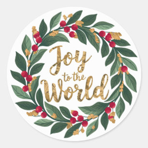 Sticker Rond Gold Joy to the World Red Berry Wreath Christmas