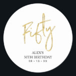 Sticker Rond Gold Lettering 50th Birthday Favor Merci<br><div class="desc">Cette simple vignette de remerciement personnalisée ajoutera des détails élégants à votre journée spéciale. Ce design est doté d'un script moderne qui affiche "Fifty" avec du texte personnalisé. Des invitations à 50e anniversaire et des fournitures de fête sont disponibles dans ma boutique BaraBomDesign.</div>