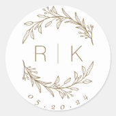 Sticker Rond Gold Line Art Botanique Wreath Mariage Monogramme (Devant)
