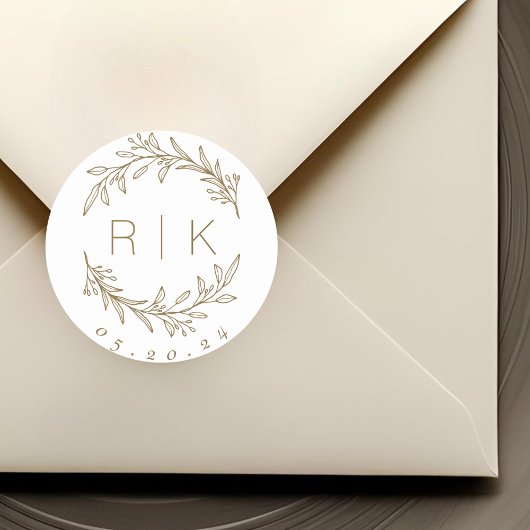Sticker Rond Gold Line Art Botanique Wreath Mariage Monogramme