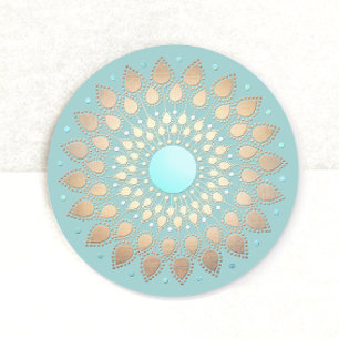 Sticker Rond Gold Lotus Floral Mandala Turquoise Bleu