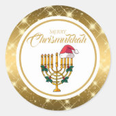 Sticker Rond Gold Menorah juive Hanoukka Merry Chrismukkah (Devant)