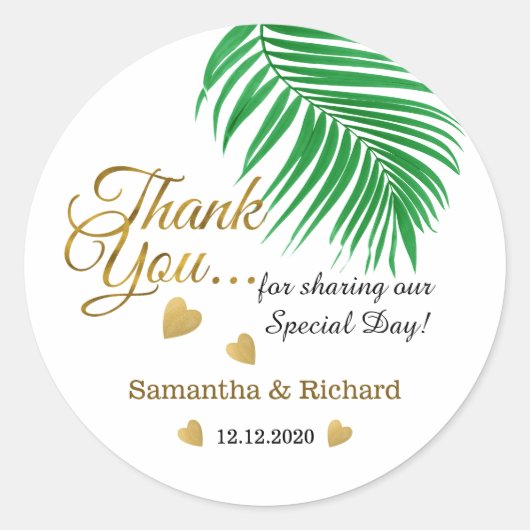 Sticker Rond Gold Merci Tropical Wedding Favor (Devant)