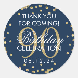 Sticker Rond Gold Navy Blue 90th Birthday Merci Parties scintil