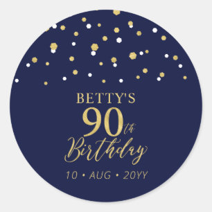Sticker Rond Gold Navy Blue Confetti 90e fête d'anniversaire Fa