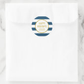 Sticker Rond Gold Navy Blue Stripes Happy Holidays Custom (Sac)