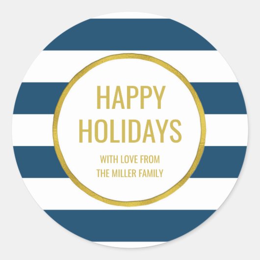 Sticker Rond Gold Navy Blue Stripes Happy Holidays Custom (Devant)