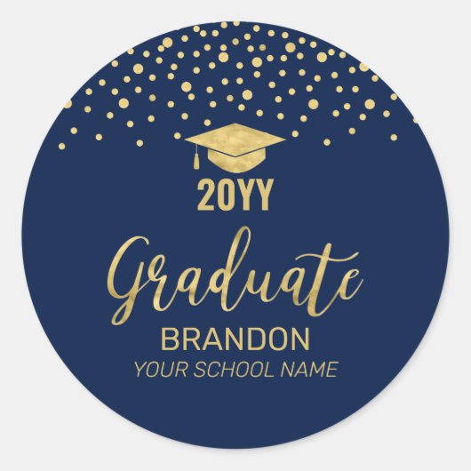 Sticker Rond Gold Navy Confetti Graduation Party Favoriser (Devant)