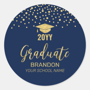 Sticker Rond Gold Navy Confetti Graduation Party Favoriser