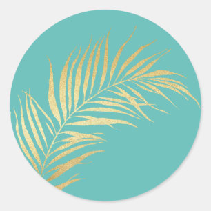 Sticker Rond Gold Palm Frond sur Arrière - plan bleu des Caraïb
