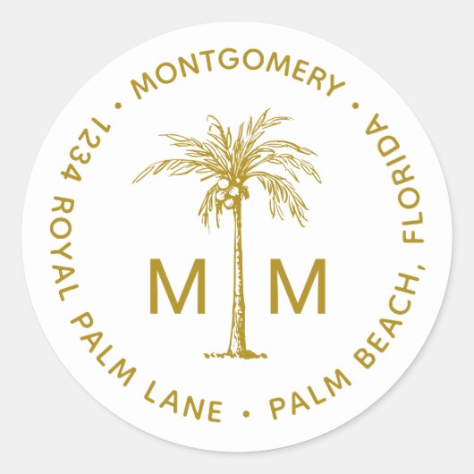 Sticker Rond Gold Palm Tree Monogramme Tropical Adresse de reto (Devant)