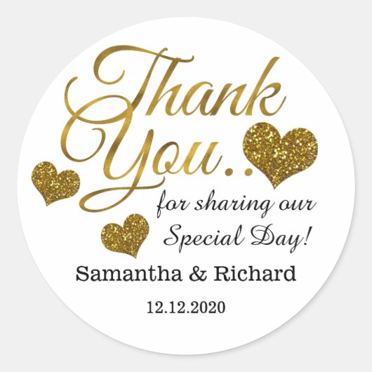 Sticker Rond Gold Parties scintillant Coeur Merci mariage Faveu (Devant)