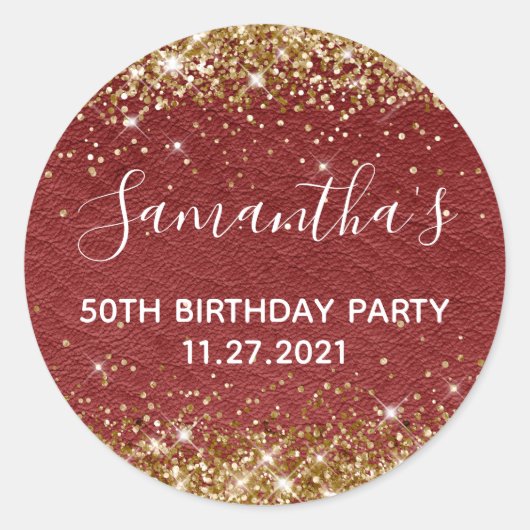 Sticker Rond Gold Parties scintillant Dark Red Leather 50e fête (Devant)