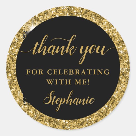 Sticker Rond Gold Parties scintillant Merci fête d'anniversaire (Devant)